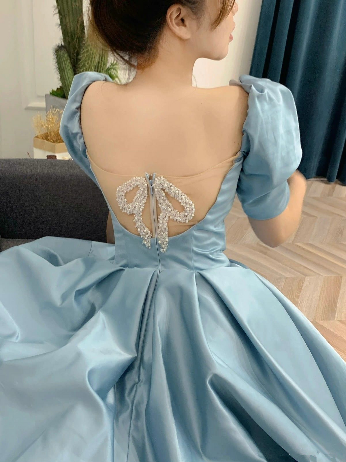 Satin Long Prom Dress A-Line Short Sleeve Evening Dress Y4657 - View 2 | VelvetHem