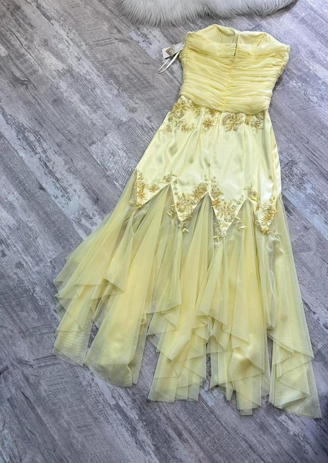 Elegant Strapless Yellow Chiffon Satin Beaded Mermaid Evening Dress Birthday Party Dress