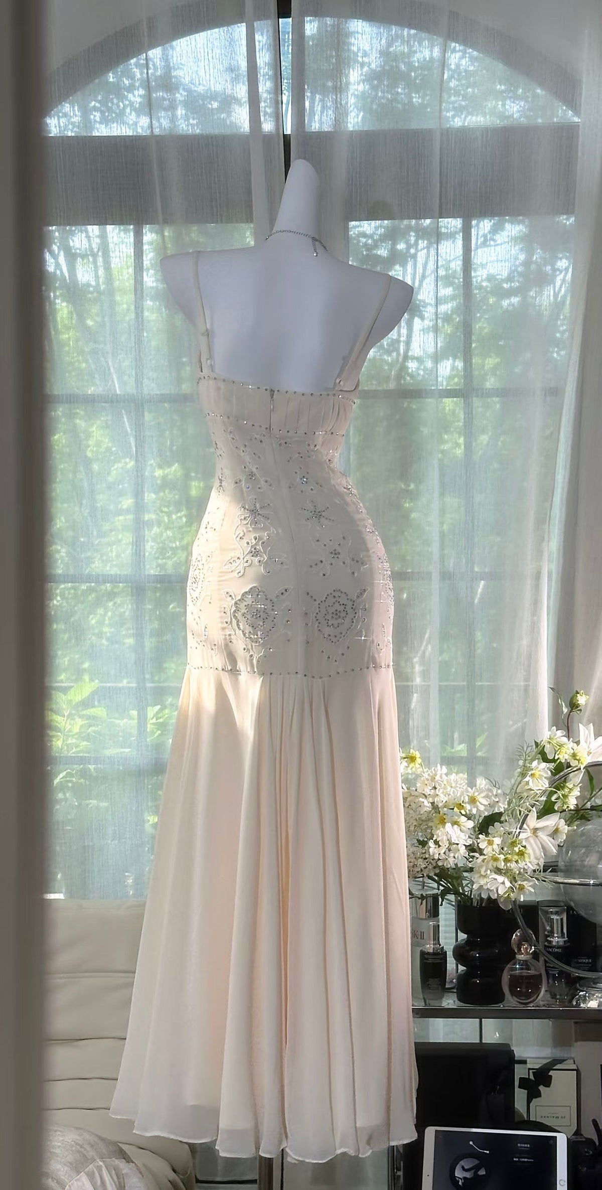 Spaghetti Straps Beige Mermaid Prom Dress Beaded Evening Dress J7716