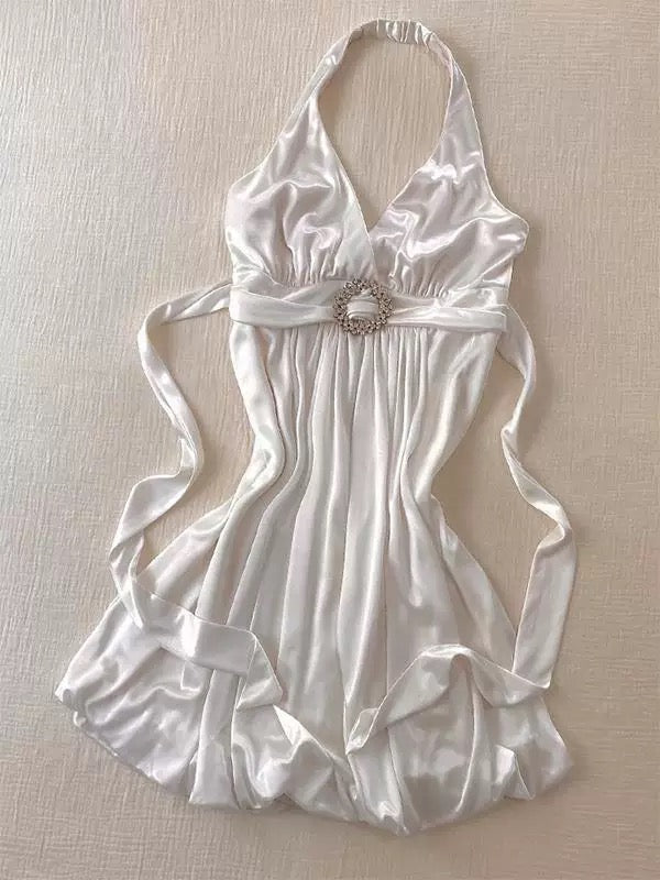 Halter A-Line Satin Short Party Dress Ivory Homecoming Dress