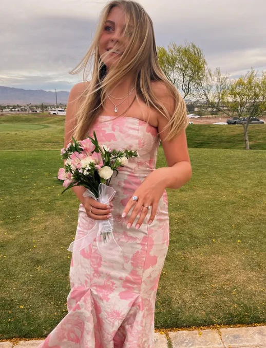 Sweet Pink Satin Print Floral Evening Dress Mermaid Prom Dress Y7828 - View 6 | VelvetHem