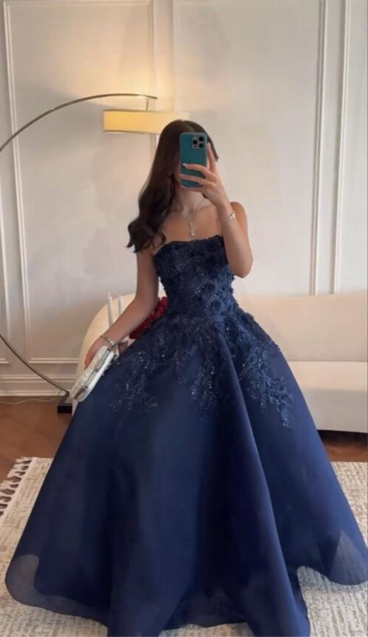Gorgeous Navy Blue Strapless Organza Appliques Long Party Dress Evening Dress