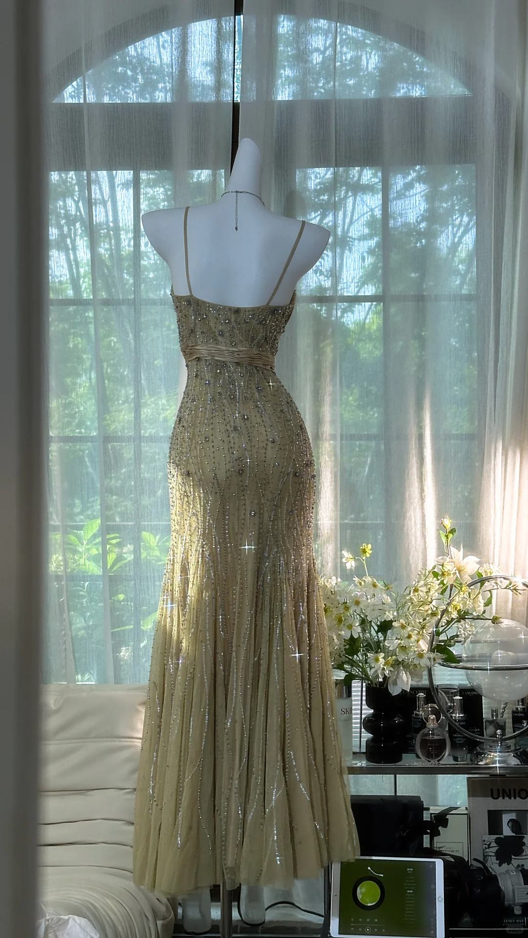 Classy Spaghetti Straps Green Chiffon Beaded Mermaid Long Prom & Evening Dress - View 4 | FashionDia