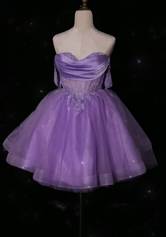 Elegant Lavender Sweetheart Neck Tulle Appliques A-Line Birthday Outfits Formal Homecoming Dress - View 2 | FashionDia