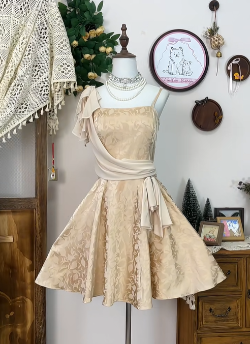 Vintage Champagne Satin Print Floral Birthday Outfits A Line Short Homecoming Dress