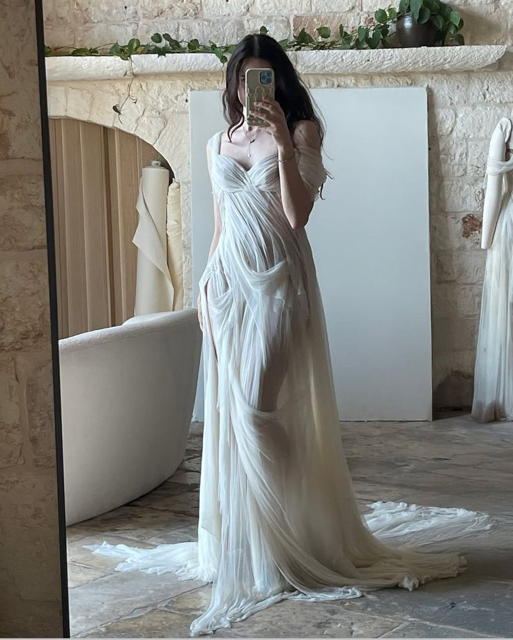 Classy White Chiffon Pleated Slit Mermaid Long Wedding Dress Bridal Dress
