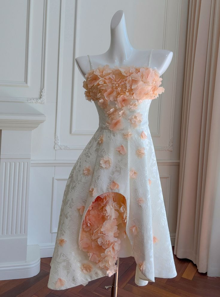 Beautiful White Satin Print Floral 3D Flower Homecoming Dress Birthday Dress - FashionDia