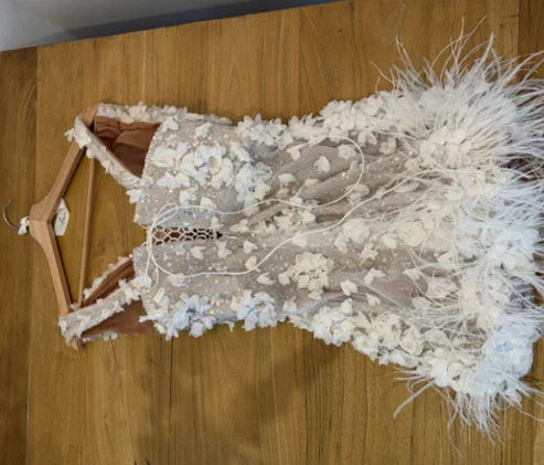 Elegant White Deep V Neck Sequined Floral Feather Fitted Birthday Dress Homecoming Dress