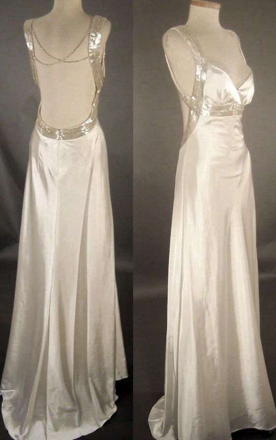 Classy V-Neck White Satin Sequin Mermaid Long Wedding Dress - FashionDia