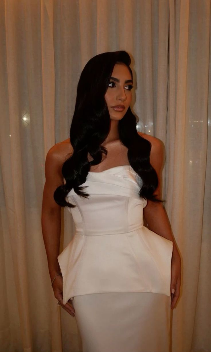 Classy Strapless White Satin Pleated Sheath Long Wedding Guest Dress Evening Dress - FashionDia