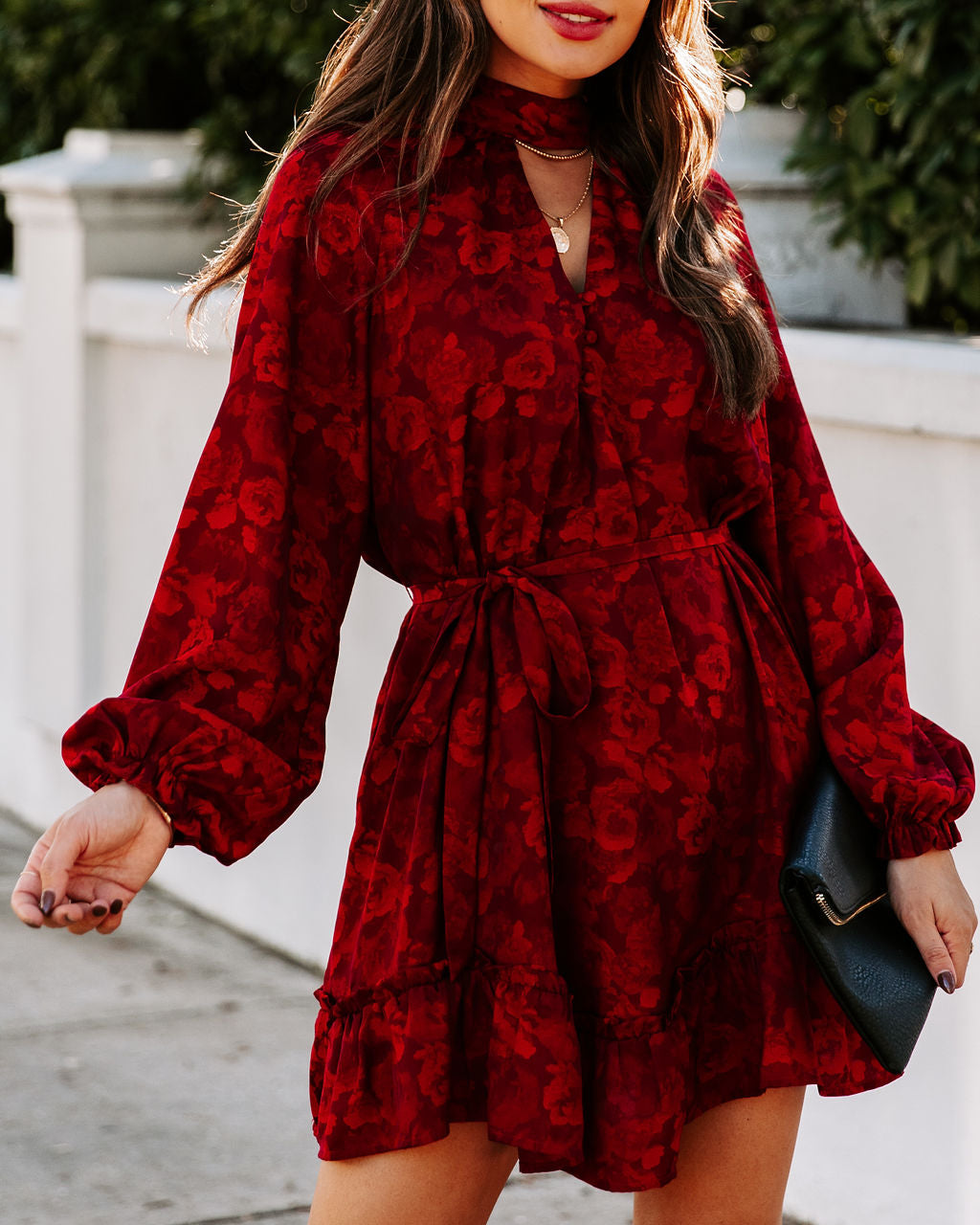 Mazy Pocketed Floral Keyhole Dress Wine