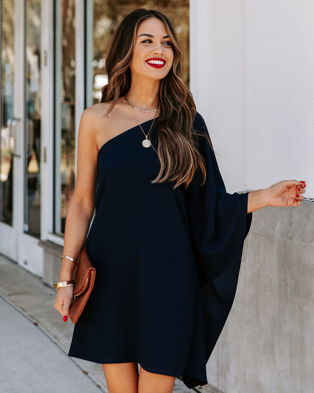 Side To Side One Shoulder Statement Dress Navy