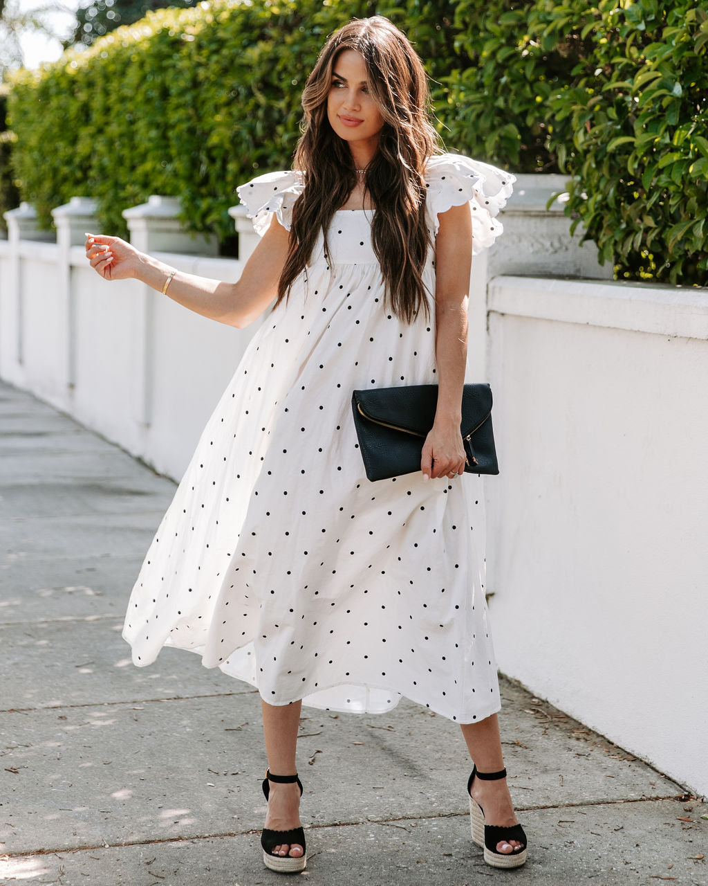 Edith Cotton Pocketed Polka Dot Midi Dress White