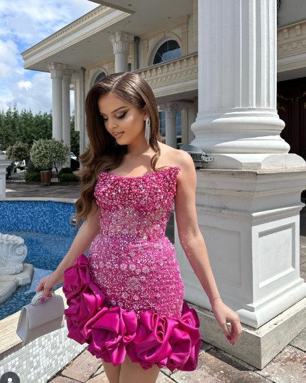 Gorgeous Strapless Satin Beaded Pleated Cocktail Dress Hot Pink Sheath Homecoming Dress - FashionDia