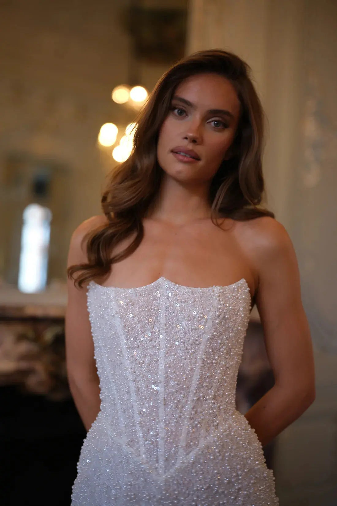 Luxury White Sequin Pearl Strapless Short Wedding Dress ZP189