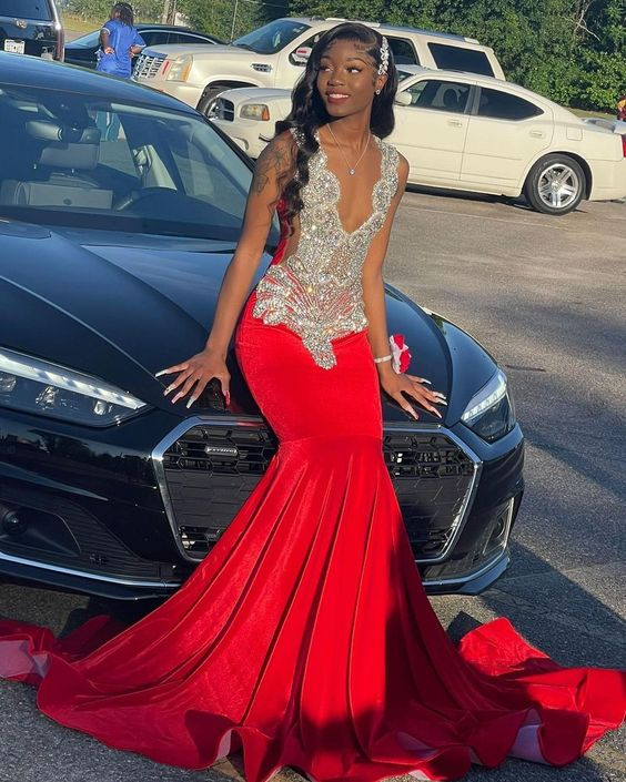 Luxury Sparkly Red Mermaid Prom Dress Birthday Party Dress Evening Gown Robe Y4314 - View 2 | VelvetHem