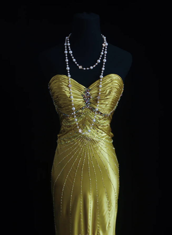 Stylish Strapless Gold Satin Pleated Beaded Mermaid Long Birthday Party Dress Evening Dress