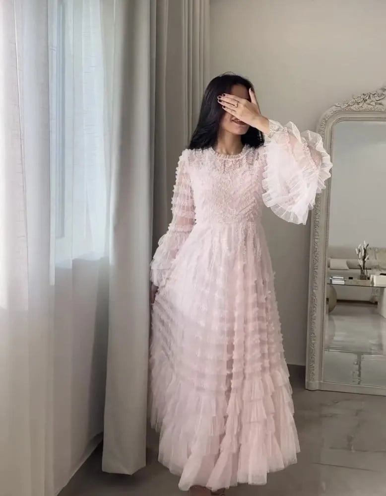 Hearty pink Tulle Prom Dress A-Line Long Flare Sleeves Tiered Ruched Floor Length Ruffle Evening Dress robes de soirée