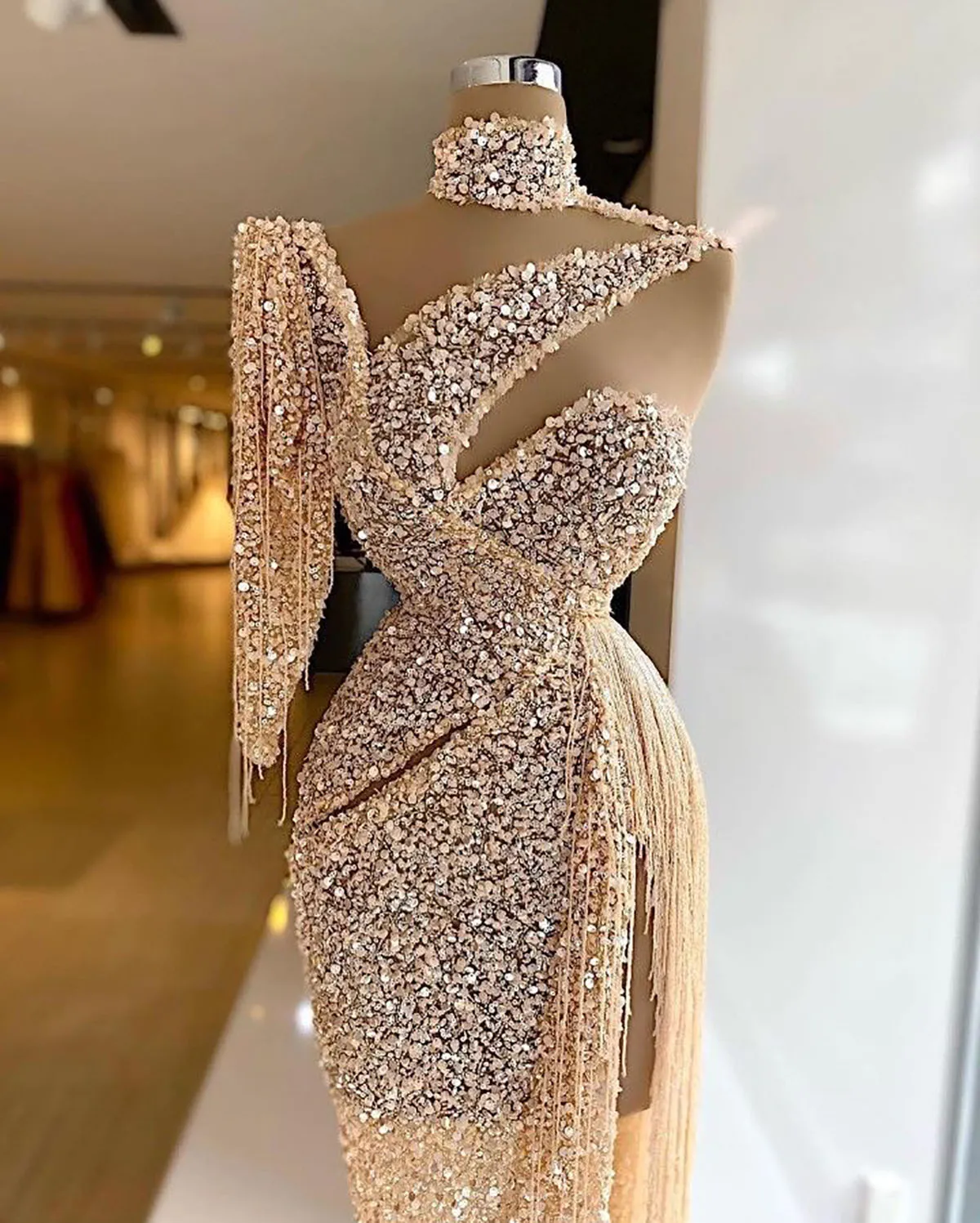 Sparkly Sequin Evening Dress Side Slit Prom Dress One Shoulder Tassels Custom Made Y6411 - View 4 | VelvetHem