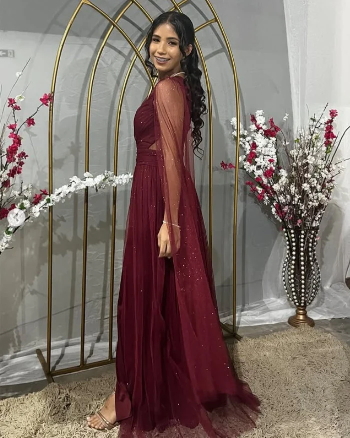 Pretty Burgundy One Shoulder Tulle Sequins Evening Gown Slit Prom Dress Y7826 - View 5 | VelvetHem