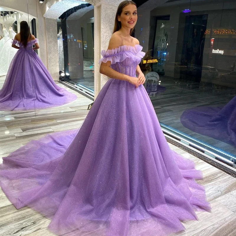 Off The Shoulder Tulle Bridal Gown A-Line Princess Prom Wedding Evening Dress