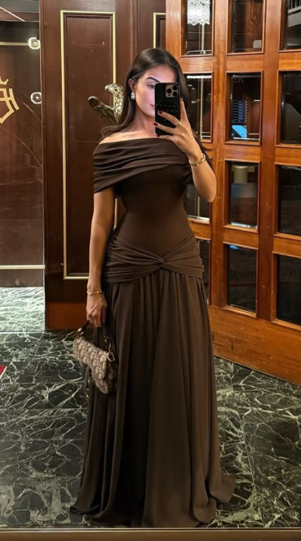 Vintage Off The Shoulder Satin Pleated Long Party Dress Wedding Guest Dress