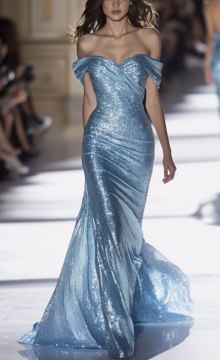 Glitter Blue Off The Sequins Long Prom Dress,Mermaid Party Evening Dress