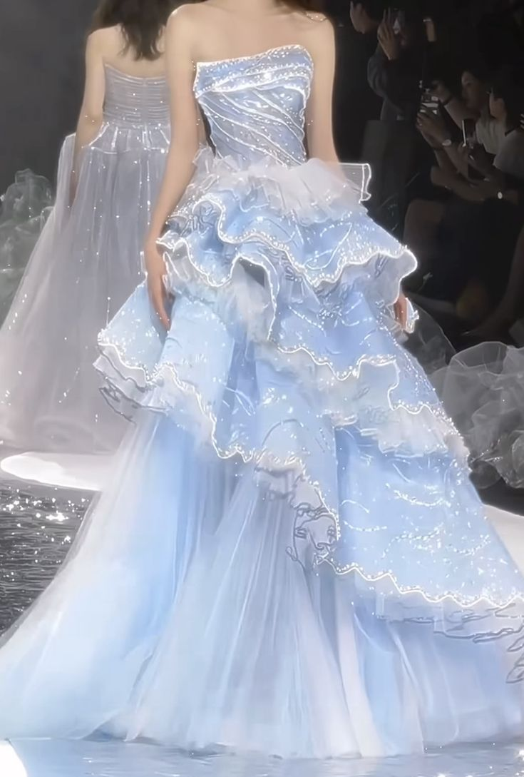 Charming Strapless Blue Tulle Beaded Layered Ball Gown Formal Birthday Party Dress