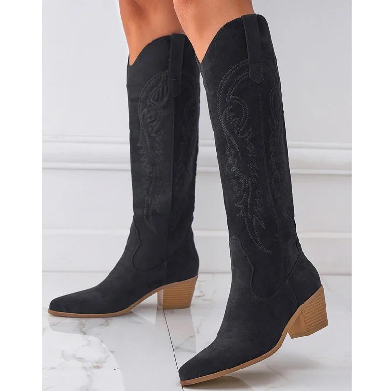 Retro Pointed Toe Spring Autumn Fashion Embroidery Square Heels Party Dress Knee High Boots - VelvetHem