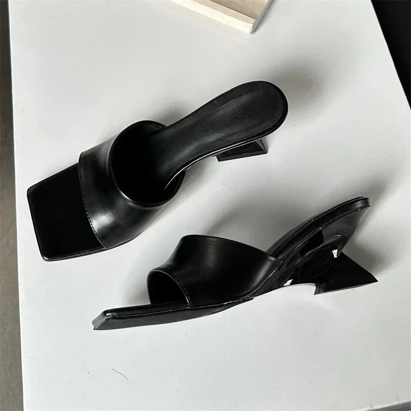 New Design Concise Wedges Highs Slippers Square Toe Party Dress Slides Summer Shoes Low Heel Pumps - View 6 | VelvetHem