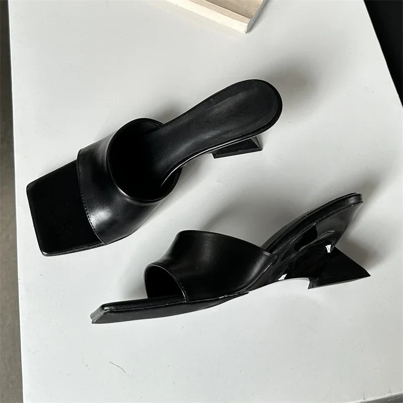 New Design Concise Wedges Highs Slippers Square Toe Party Dress Slides Summer Shoes Low Heel Pumps - View 3 | VelvetHem