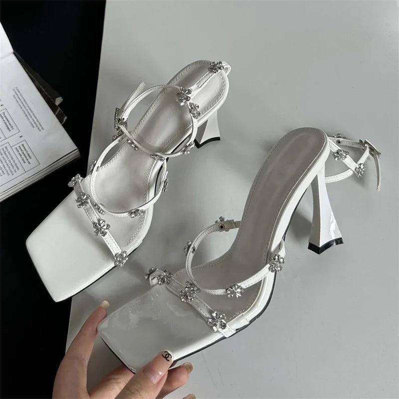 Summer Narrow Band Buckle Strap Women High Shoes  Square Toe Party Dress Low Heel Pumps