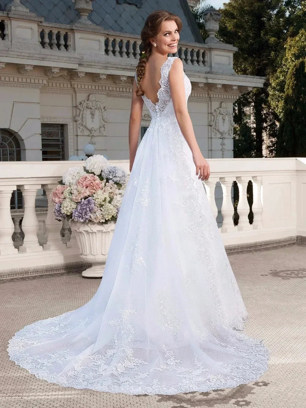 Elegant Appliques Vestido De Noiva Sexy Backless Vestidos De Novia Detachable Train Wedding Dresses Lace Robe De Mariée (ZD14047)