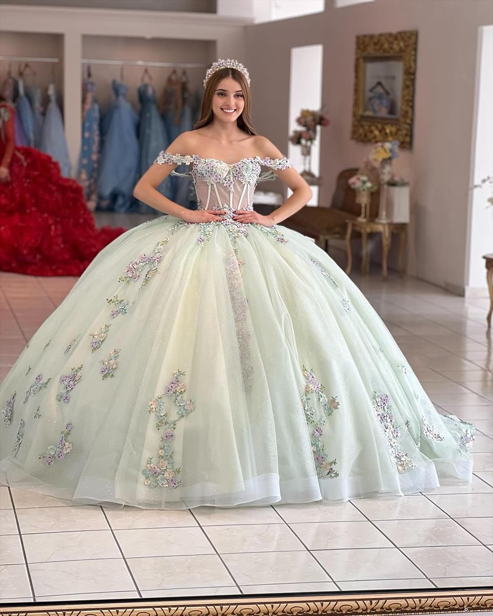 Elegant Ball Gown Off Shoulder Corset 3D Flowers Lace Appliques Mint Green Tulle Princess Dress Quinceanera Dress For Sweet 16
