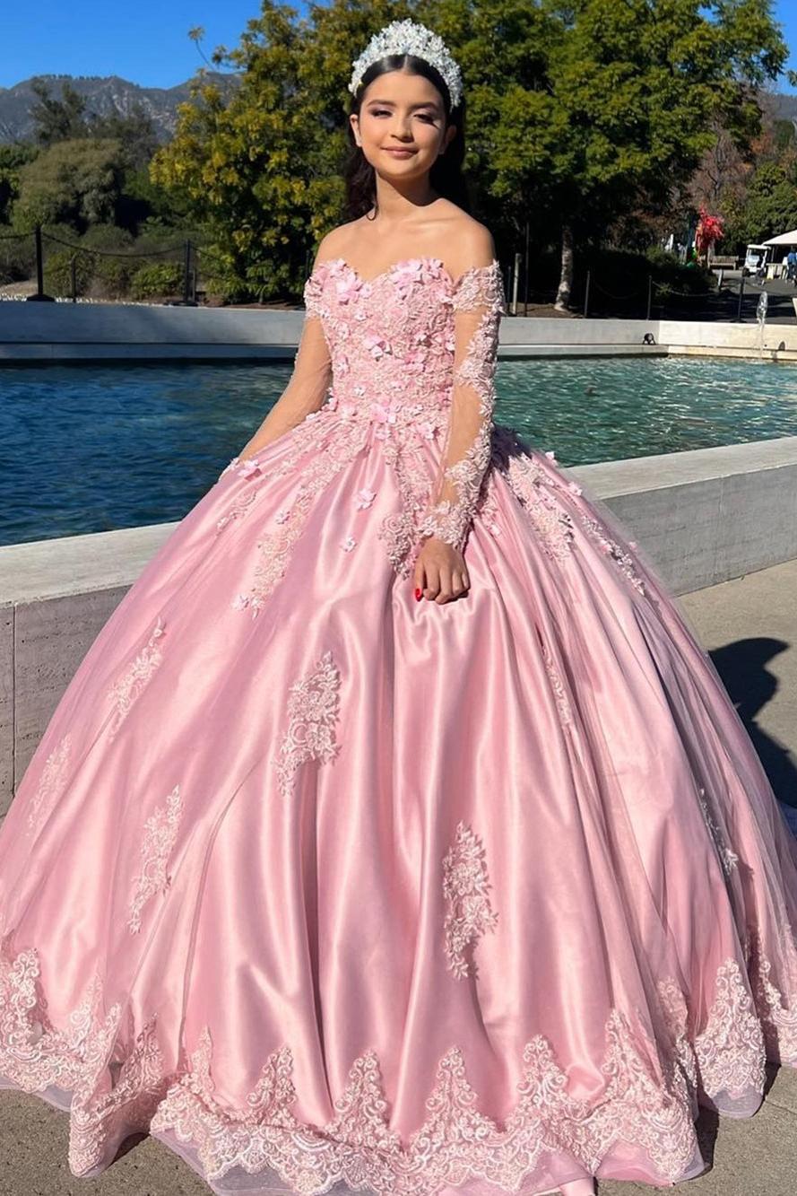 Elegant Ball Gown Off Shoulder Long Sleeves Lace Appliques Beaded Pink Satin Quinceanera Dress For Sweet 16