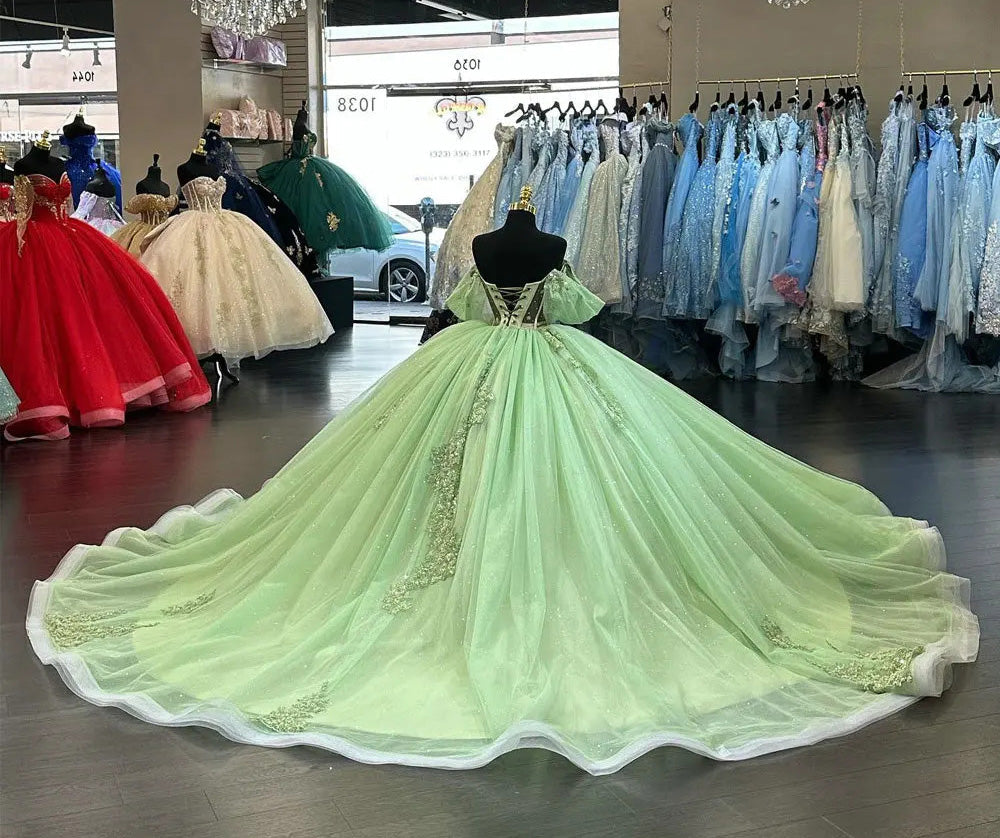 Elegant Ball Gown Off Shoulder Sequins Lace Appliques Princess Sage Green Tulle Quinceanera Dress For Sweet 16
