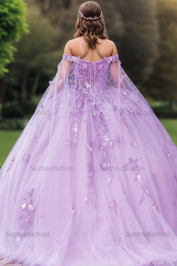 Elegant Ball Gown Off Shoulder Sleeveless Sequins Appliques Purple Tulle Quinceanera Dress Birthday Party Gown For Sweet 16