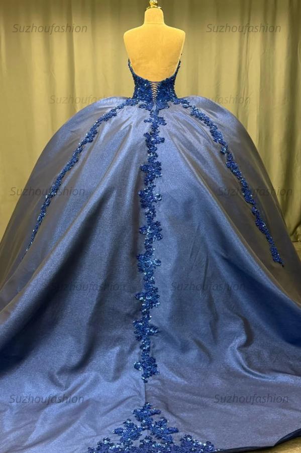Elegant Ball Gown Strapless Sleeveless Sequins Appliques Pleated Glitter Dark Navy Satin Quinceanera Dress Formal Evening Dress For Sweet 16