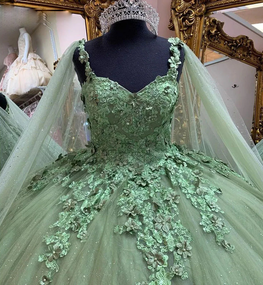 Elegant Ball Gown Strapless Straps Lace Appliques Sage Green Tulle Quinceanera Dress For Sweet 16