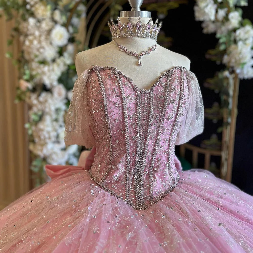Elegant Ball Gown Sweetheart Neck Off Shoulder Spaghetti Straps Lace Appliques Pink Tulle Princess Prom Party Gown Quinceanera Dresses For Sweet 16