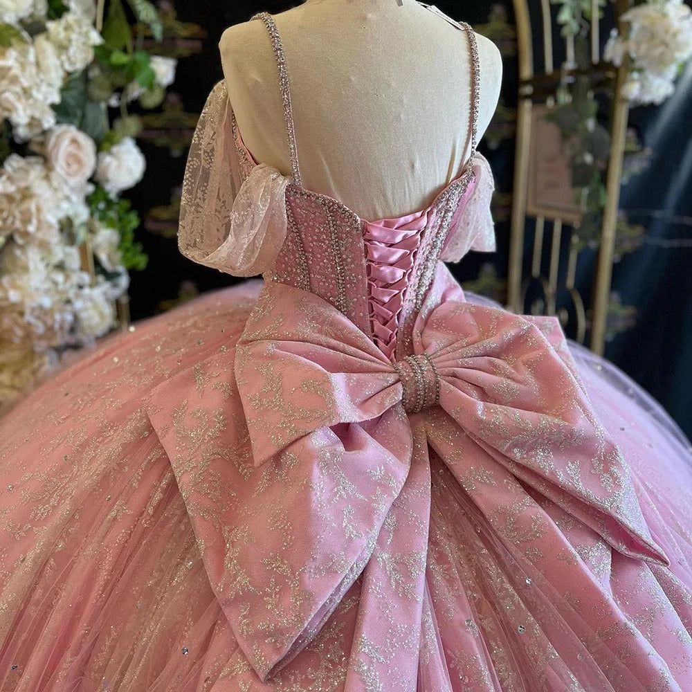 Elegant Ball Gown Sweetheart Neck Off Shoulder Spaghetti Straps Lace Appliques Pink Tulle Princess Prom Party Gown Quinceanera Dresses For Sweet 16