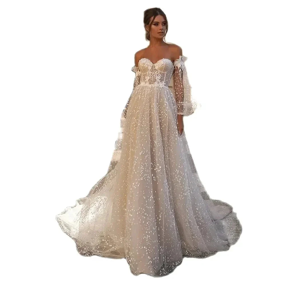 Elegant Beige Card Shoulder Long Sleeve Bridal Sweetheart Tulle Applique Sequin Floor-A line Wedding Evening Gown with Women by payinti