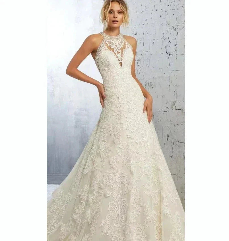 Elegant Beige Gown with Halter Lace A-LINE Sleeveless Cut-out Sweep Train Floor-Length Evening Gown for Women vestidos de novia (ZD14205)