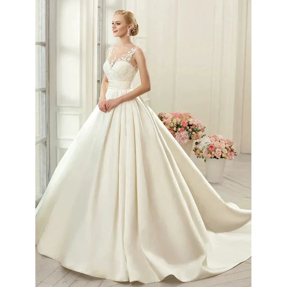 Elegant Beige Gown with Satin Lace Crew-Neck Wide Strap Sleeveless Floor-Length Evening Gown for Women vestidos de novia by payinti