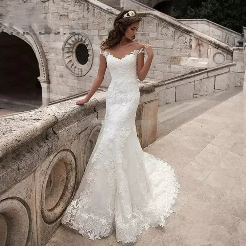 Elegant Beige Satin Off-Shoulder Straps Embroidered for Bride's Mermaid Floor-Length Dress with for Women's Wedding Evening Gown (ZD14206)