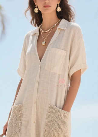 Elegant Beige V Neck Patchwork Pockets Cotton Vacation Dresses Summer