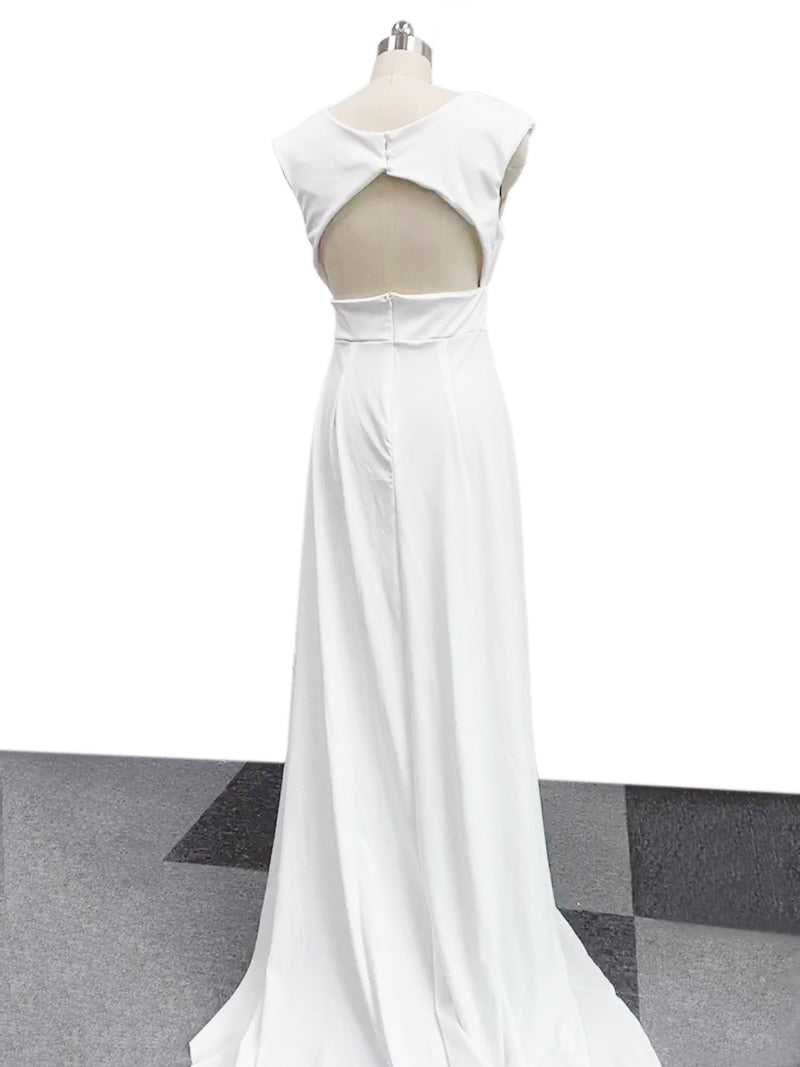 Elegant Casual Women's Dresses Vneck Side Slit Backless White Long Skirt Wedding