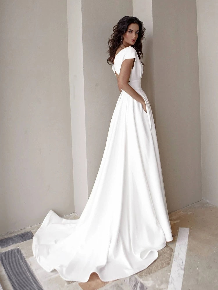 Elegant Casual Women's Dresses Vneck Side Slit Backless White Long Skirt Wedding