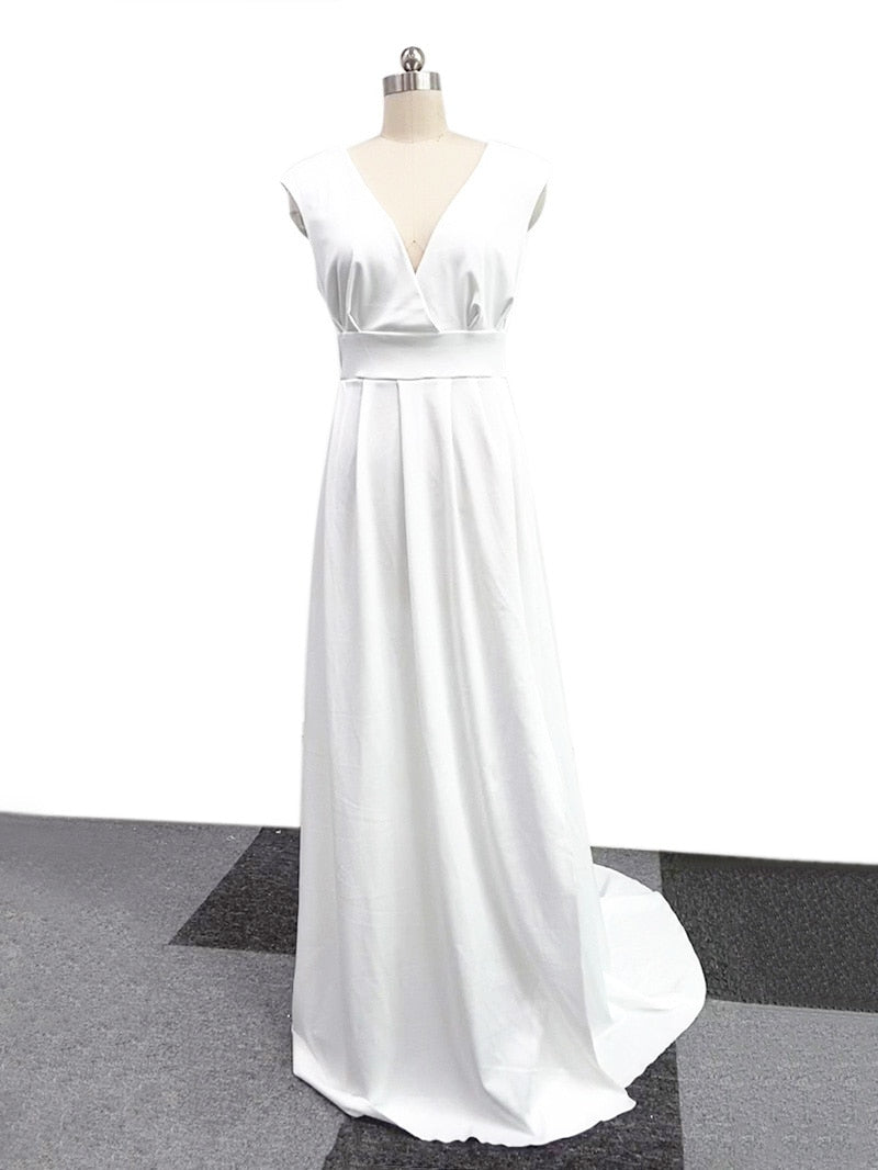 Elegant Casual Women's Dresses Vneck Side Slit Backless White Long Skirt Wedding
