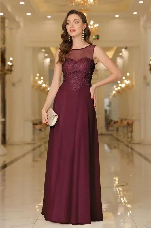 Elegant Chiffon Sleevless Evening Dress Scoop Neck Lace Apliques Bridesmaid Dress (ZD12867)